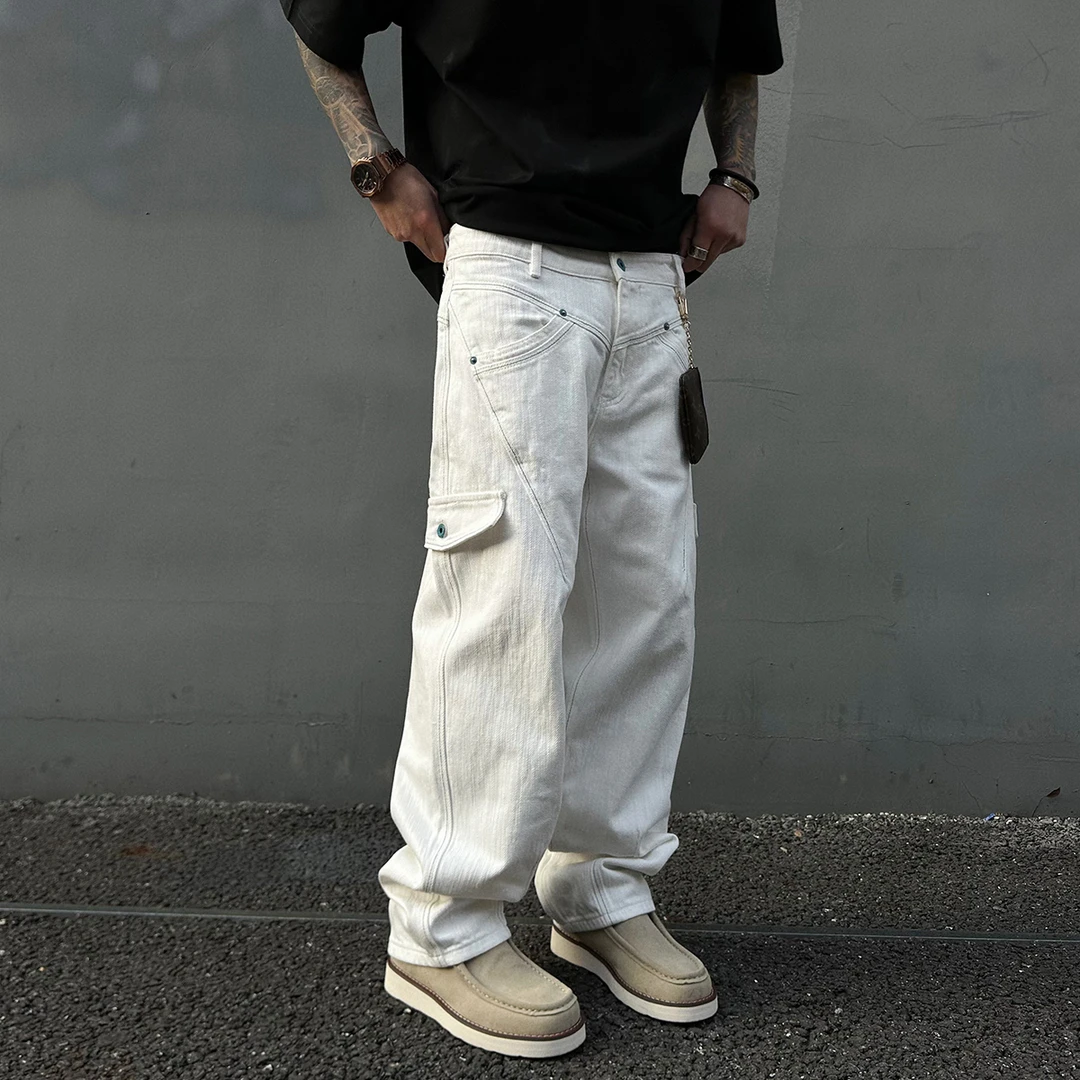 【UNAPS】赛络竹节纹理明线460克休闲裤男女纯棉宽松白色工装直筒裤