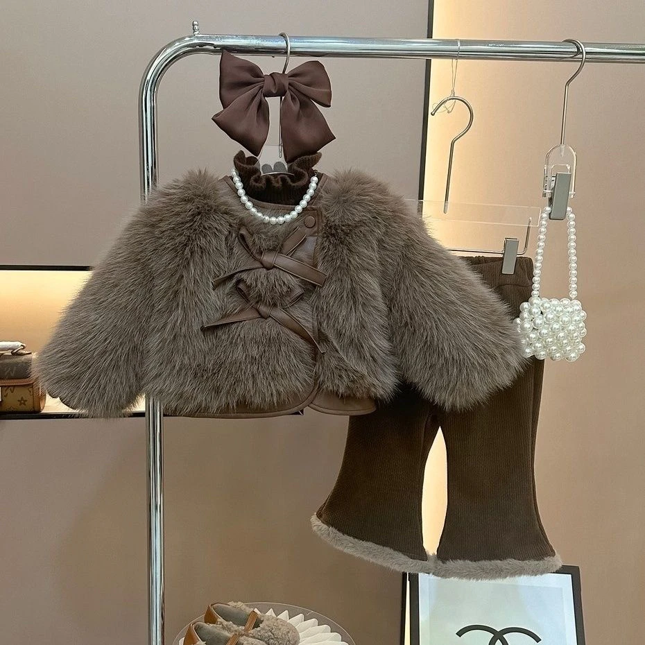 女童冬季新款韩版毛毛加绒加厚外套配加绒裤可爱保暖童套装