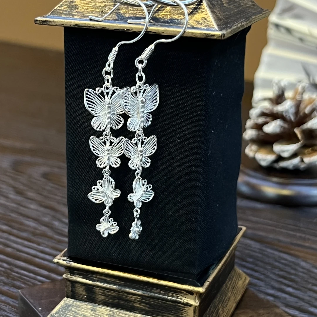 足银耳饰 苗族纯手工 三只蝴蝶镂空花丝流苏耳环耳坠 足银民族