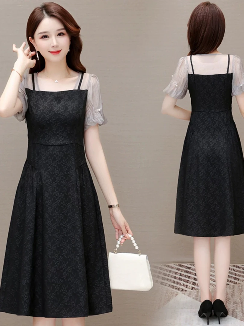 L964夏季时尚气质圆领拼接假两件显瘦连衣裙DM3