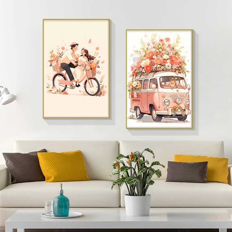 动画客厅装饰画现卧室简约沙发背景墙两联艺术情侣单车4060