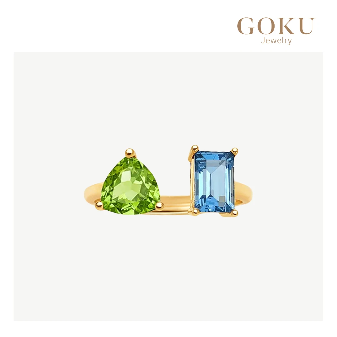 GOKU18K金戒指女爱心橄榄石长方托帕石开口女戒彩色宝石金戒指