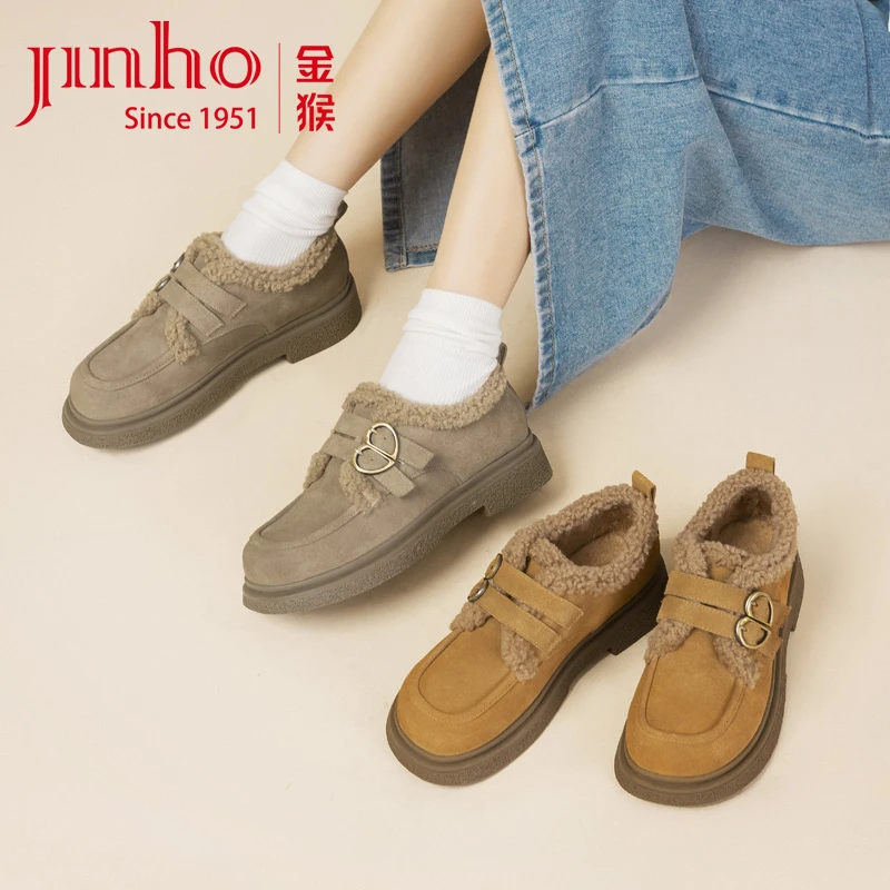 Jinho/金猴新款复古加绒乐福女鞋毛毛鞋保暖控温时尚百搭Q49126B