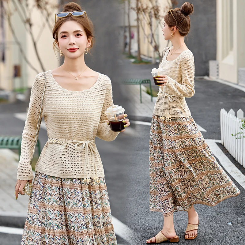 时尚百搭套装女款2025新款春夏宽松蕾丝镂空上衣印花半身裙三件套