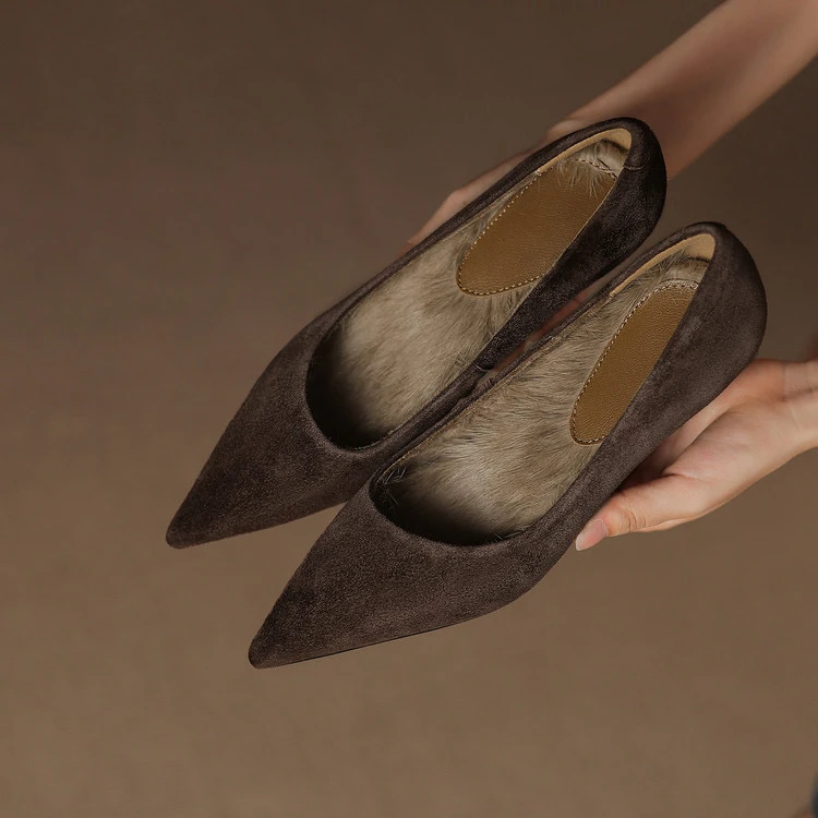 羊翻皮4.5cm～尖头中跟加绒单鞋职业鞋兔毛垫保暖浅口单鞋细跟新款