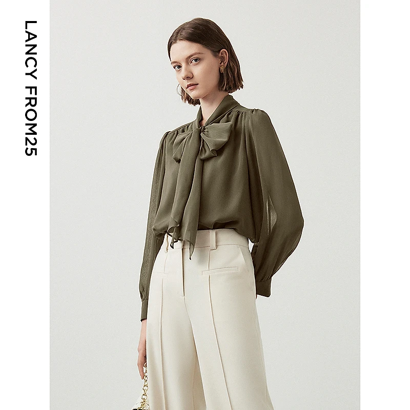 【朗姿Basic衣橱】高级感设计感衬衣上衣通勤新款飘带领衬衫女