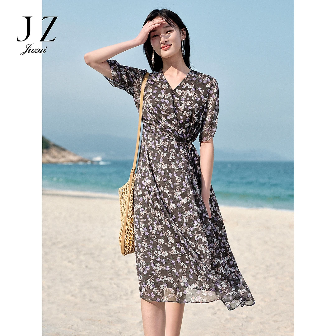 玖姿安娜蔻假日碎花片式腰部褶皱收腰气质连衣裙25夏新