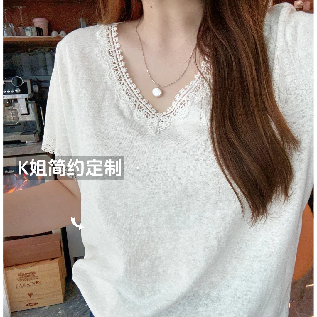 GTNER“KK定制”蕾丝花边鸡心领短袖T恤夏季薄款宽松V领上衣D1946
