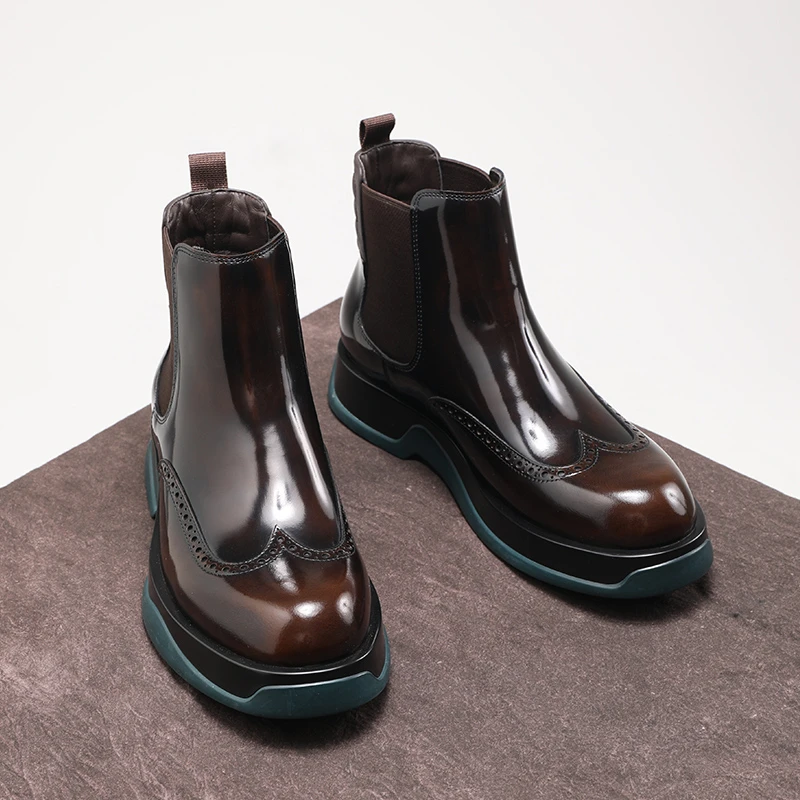 新款冬季切尔西靴男高端商务马丁靴真皮厚底工装靴亮皮高帮皮鞋潮