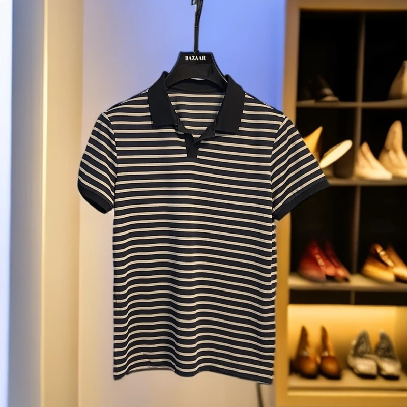 半袖休闲夏季冰感撞色条纹T恤夏季海鸥领短袖