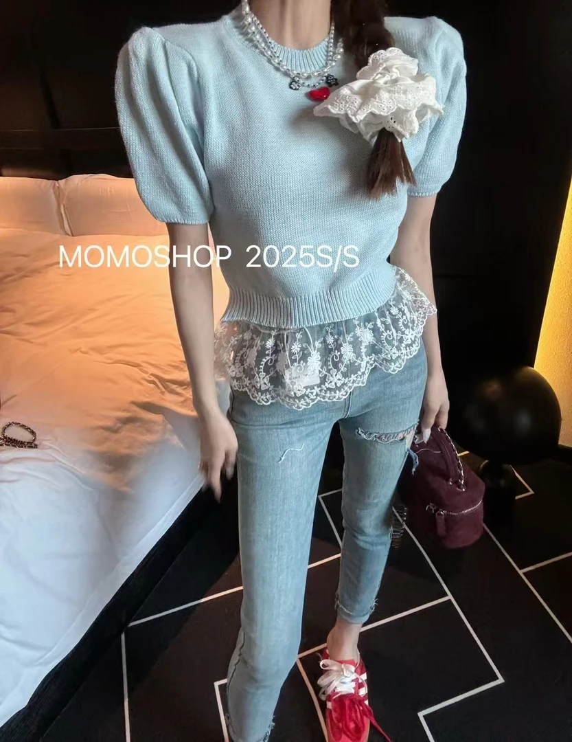 2025春款泡泡袖薄款温柔风短款圆领百搭宽松针织短袖毛衣