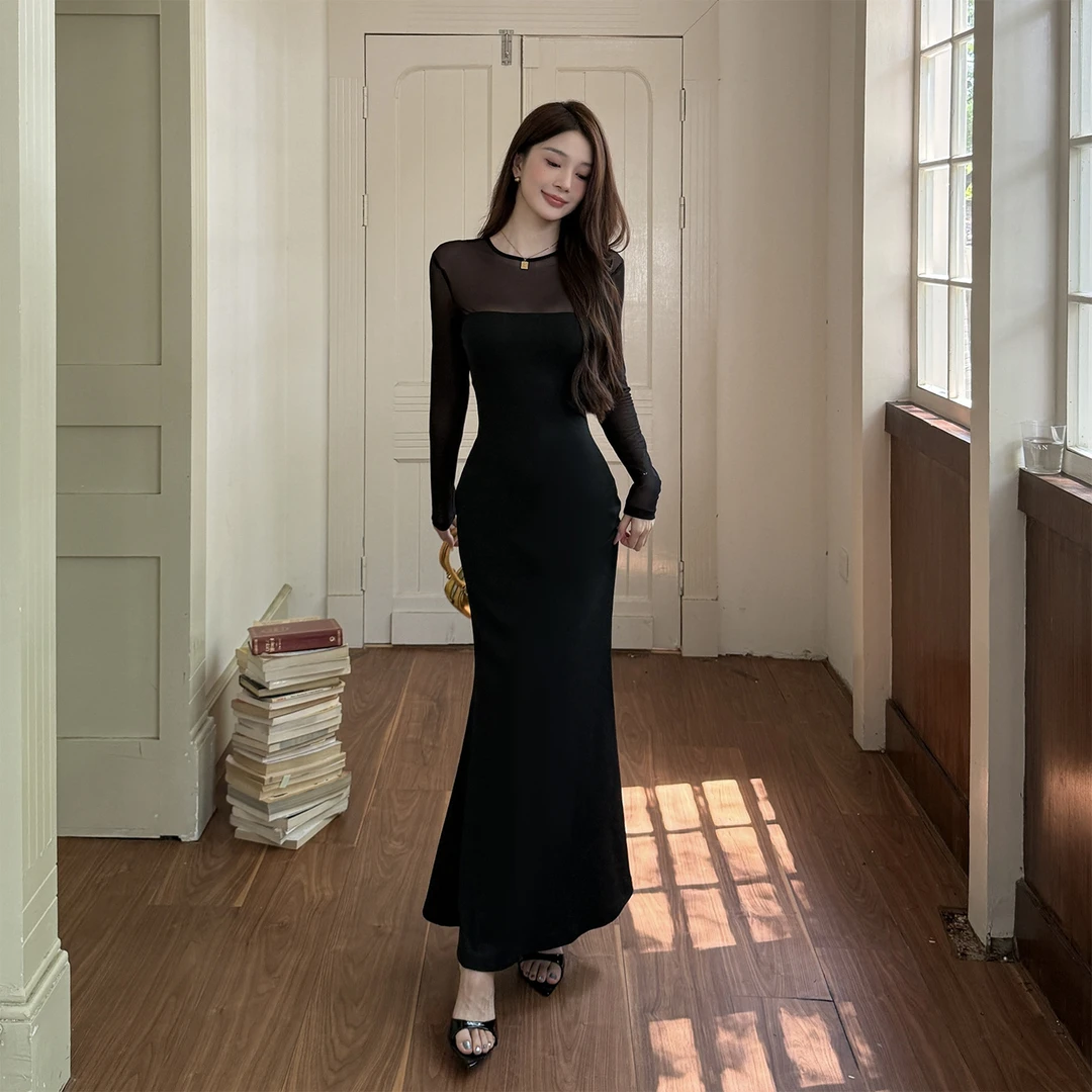 法式赫本宴会百搭老钱风御姐气质网纱长袖后妈漂亮出片包臀连衣裙