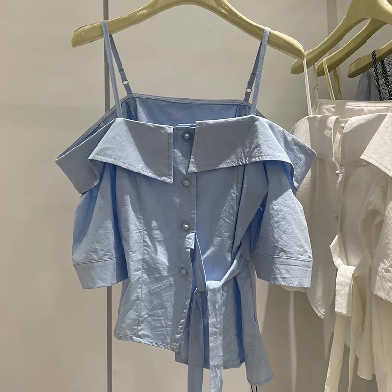 韩系性感辣妹一字肩吊带短袖衬衣女2025夏季新款时尚收腰显瘦上衣