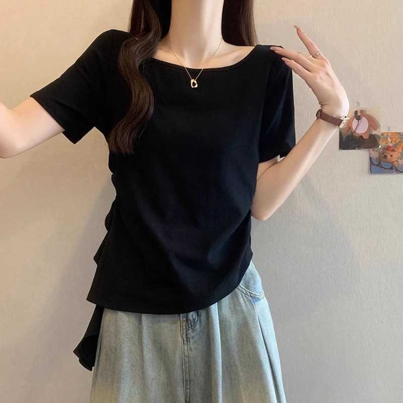 精致圆领夏季t恤设计感显瘦不规则百搭黑色小众修身纯色ins上衣潮