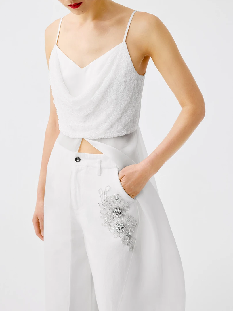 【张羽推荐】LAMAISONJADE 玉琼 白色透视蕾丝拼接欧根缎吊带裙