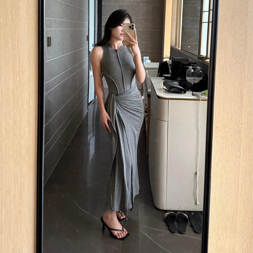 【Glozzzz】云涧灰 设计师定制小众假两件莫代尔背心连衣裙L Q153
