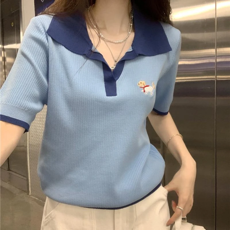 哥弟阿玛施正2025学院风翻领拼色冰丝上衣设计感刺绣小狗短袖女