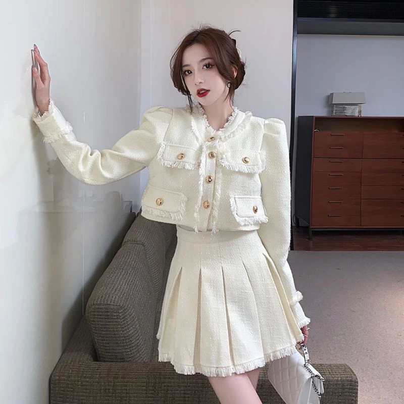 小香风套装裙两件套秋冬新款法式气质时尚名媛短款外套+半身裙两
