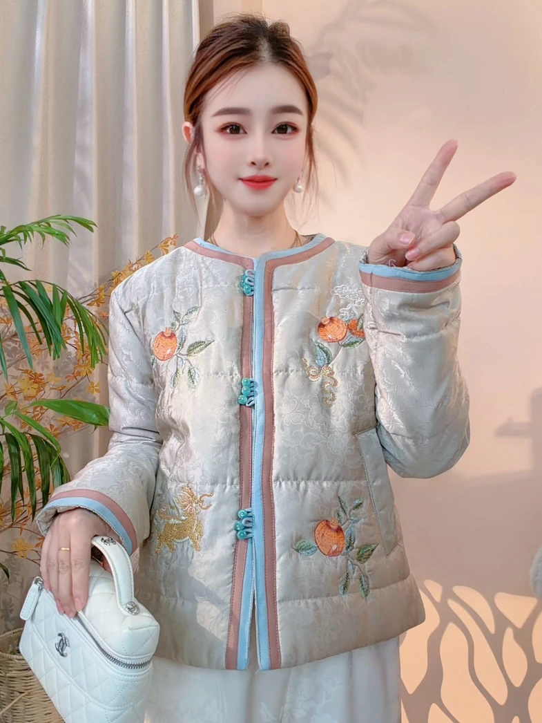 [柿柿如意]新中式冬季宽松百搭单排扣加棉长袖国风棉衣棉服外套女