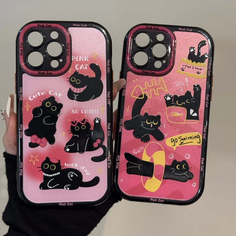 涂鸦大眼猫咪适用苹果16promax手机壳iPhone15奶油壳小米14华为70