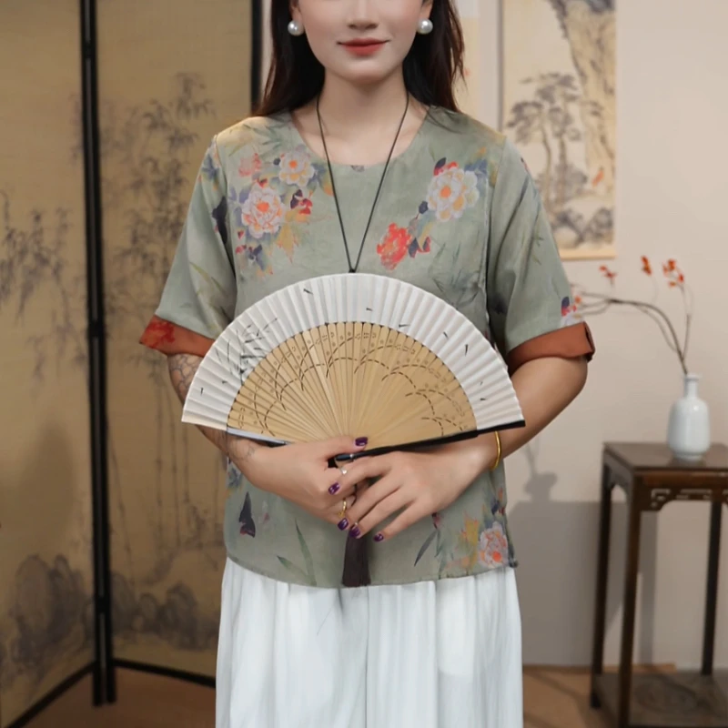 【傲梅】 免烫处理法式短袖碎花纽扣T恤唐装短款中国风复古时尚女装