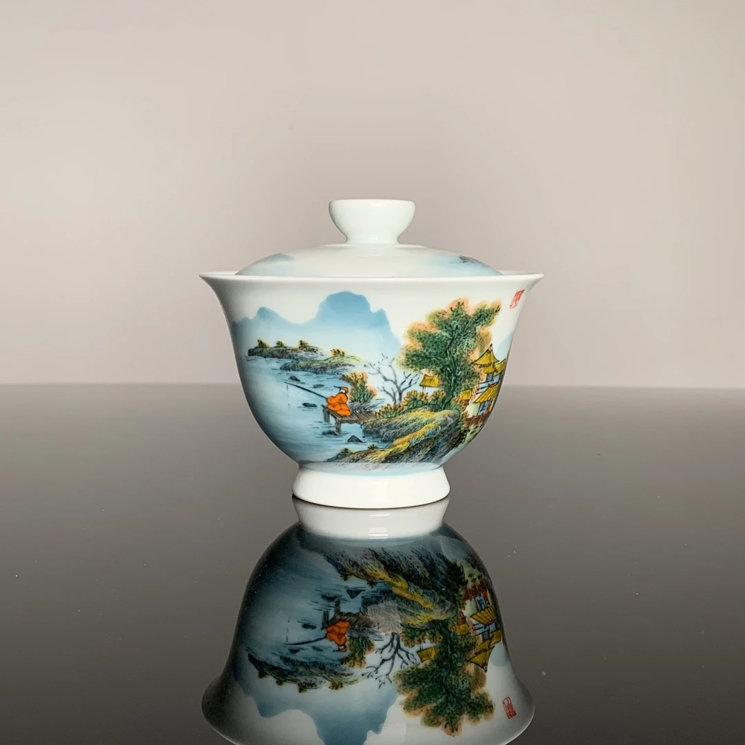 青远柴窑釉下中式五彩山水盖碗茶具