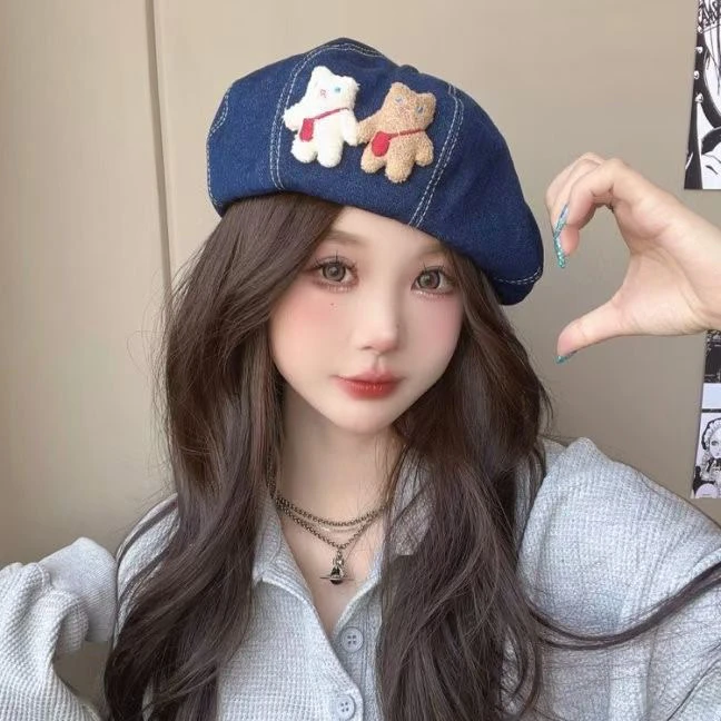 可爱森系新款早秋田园风美式风贝雷帽韩版可爱减龄牛仔帽百搭