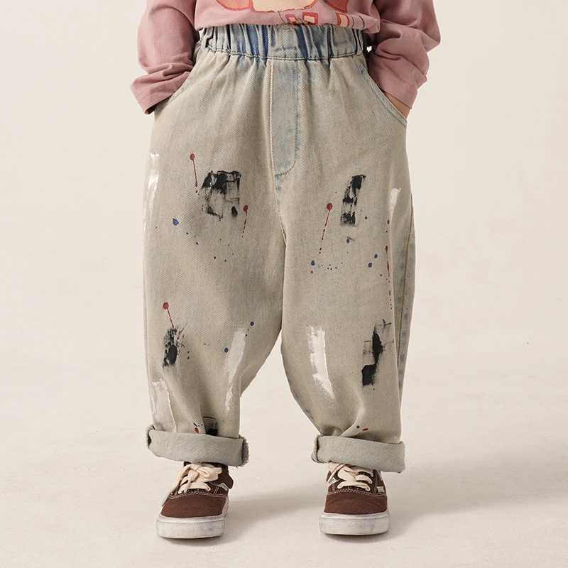 砚台家韩系男童做旧牛仔裤痞帅风帅气秋冬新款儿童裤子男宝宝长裤