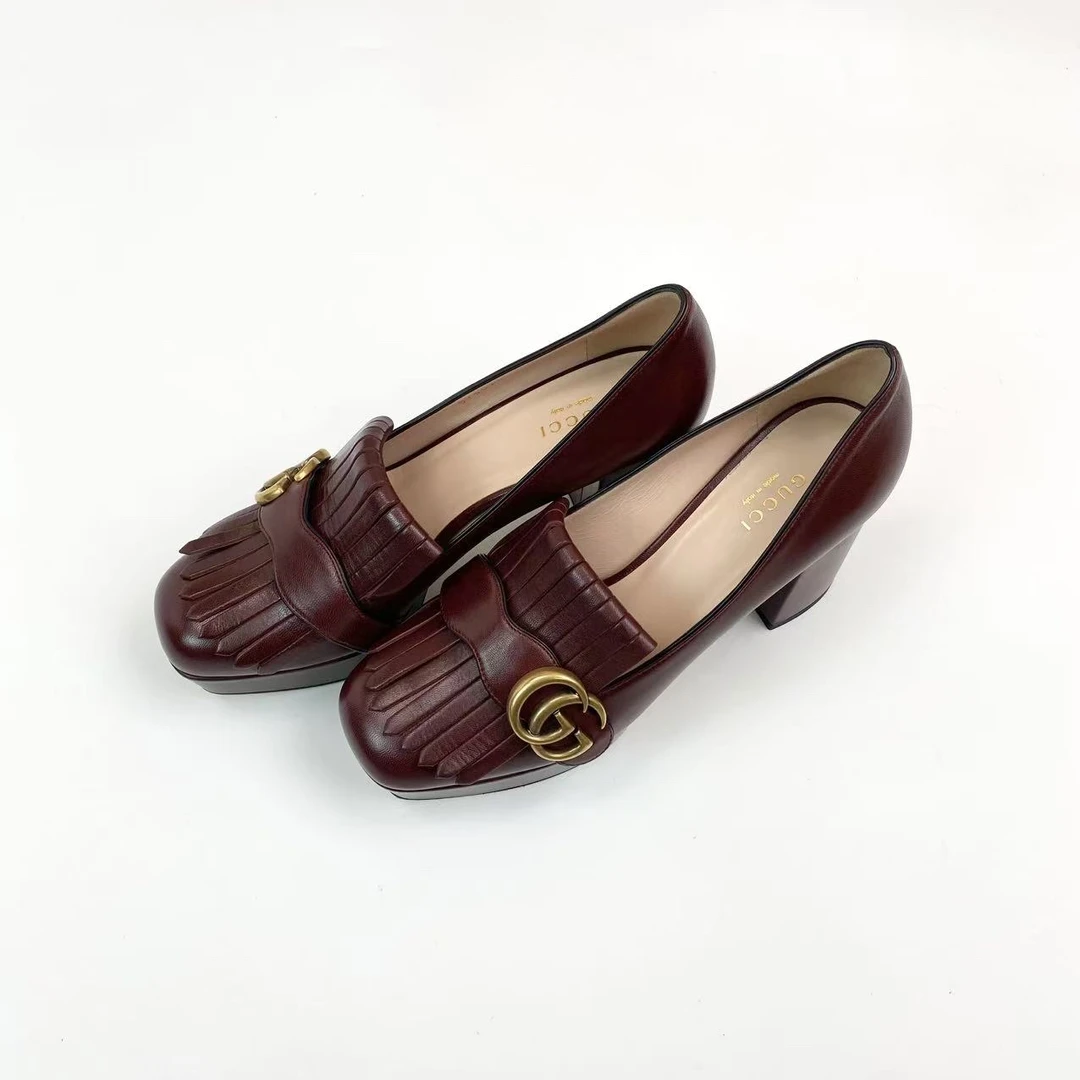 全新未使用 GUCCI/古驰 AA288 双g麂皮粗跟高跟鞋 37码 鞋盒