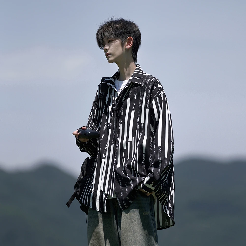 条纹飘带燕尾长袖衬衫男秋季加肥加大码潮胖人宽松设计感痞帅衬衣