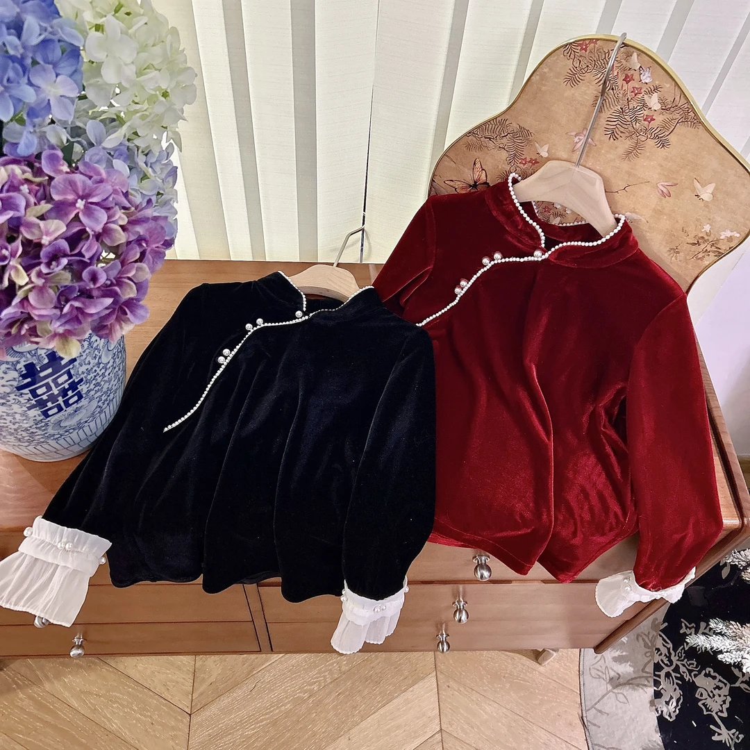 【CCM】2025春新款新中式女童珍珠领丝绒打底衫中国风时尚洋气上衣