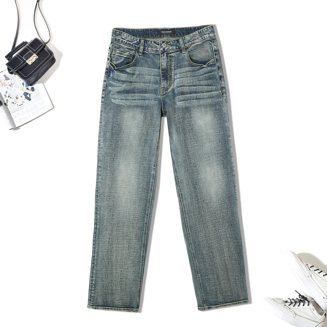 时尚舒适设计感直筒做旧水洗牛仔裤休闲显瘦女百搭春秋潮裤1F573
