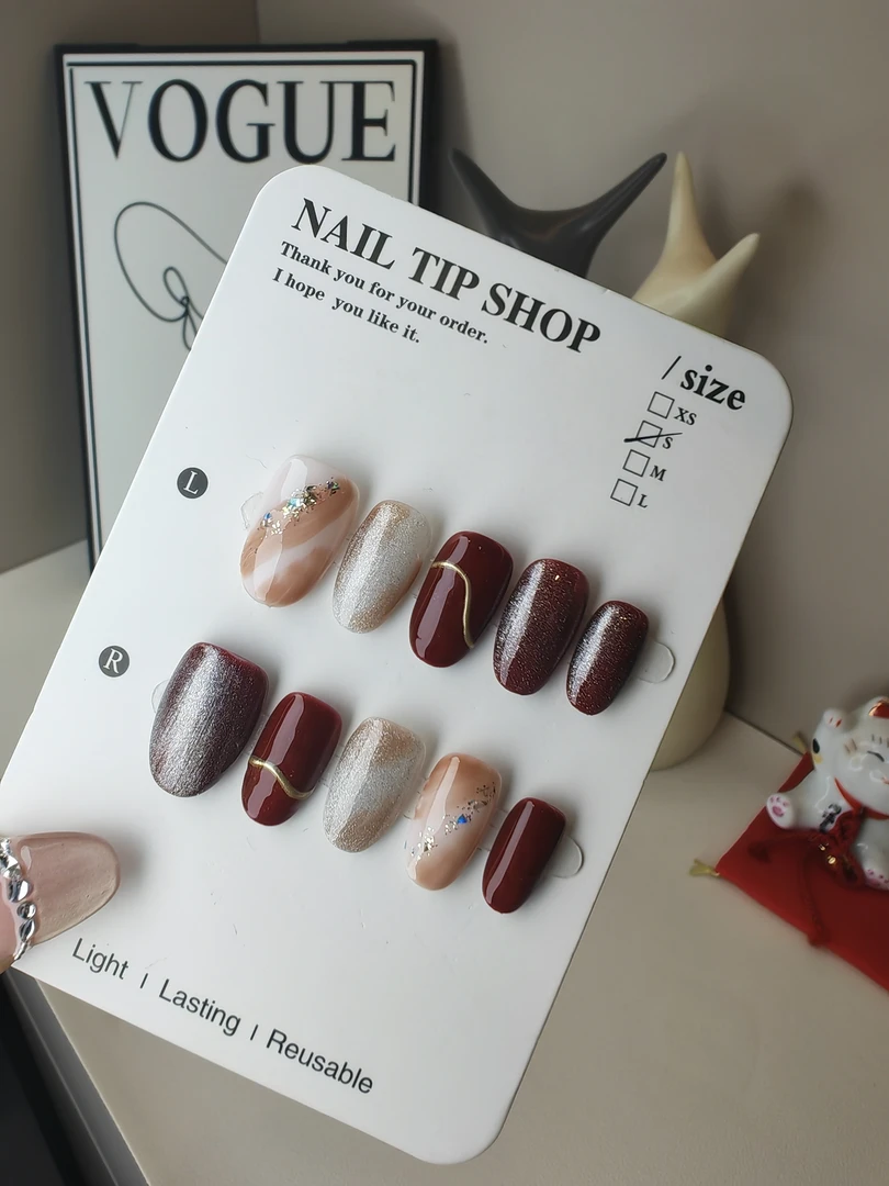 酒红纱影--红色显白秋冬款重工气质纯手工穿戴甲