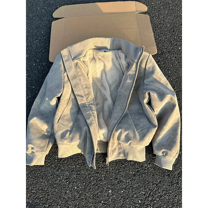 美式短款扎染皮衣棉服男款冬季廓形飞行夹克外套加绒保暖棒球棉衣