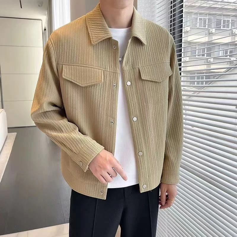 秋季新款男士时尚男装夹克百搭暗条设计简约翻领休闲男外套3019