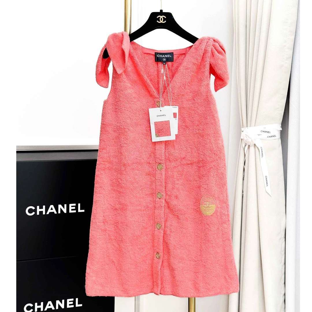 99新 Chanel/香奈儿 34码19M coco beach橘粉色毛巾料无袖连衣裙