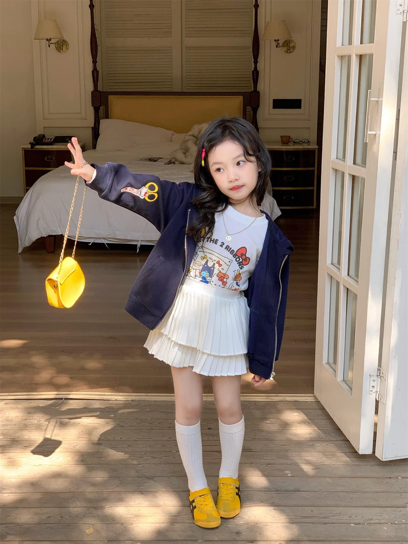2025春季新款女童卡通连帽外套洋气长袖T恤荷叶边裙裤三件套