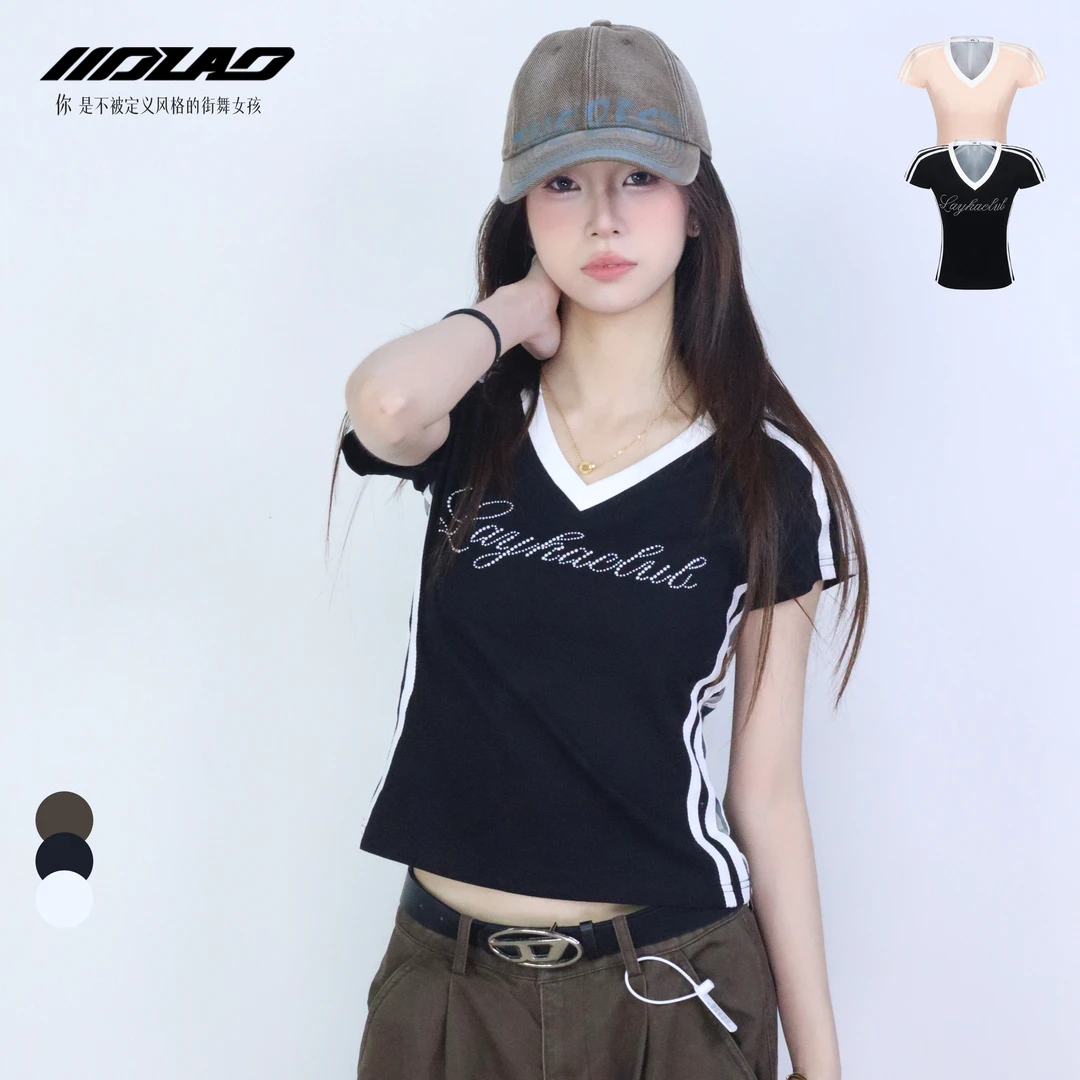 大佬妙针织V领烫钻修身上衣收腰显瘦辣妹迷彩夏季撞色X234