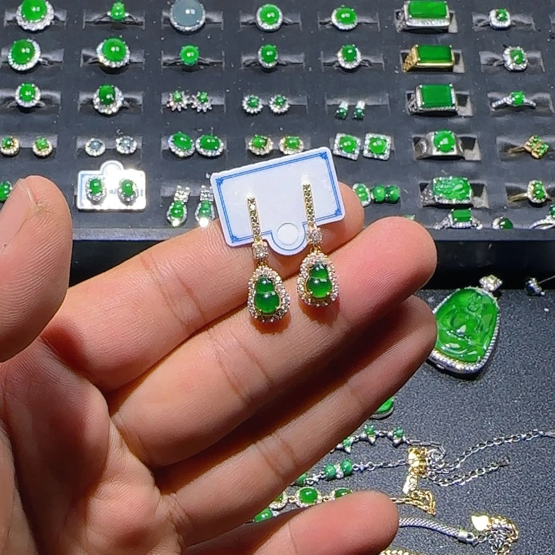 翡翠银S925镀金镶嵌耳饰