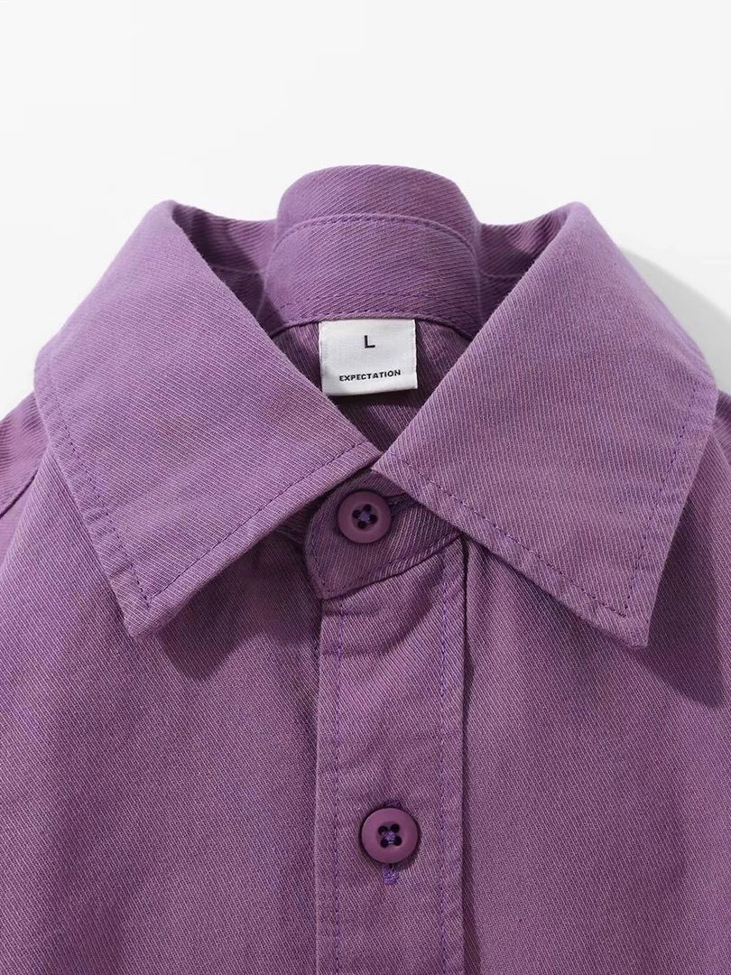 高级感紫色Polo领长袖衬衫简约风休闲情侣衬衣cleanfit休闲上衣潮