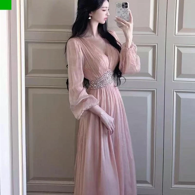 法式连衣裙女夏轻奢高级感名媛千金晚礼服裙重工钉珠V领生日裙子