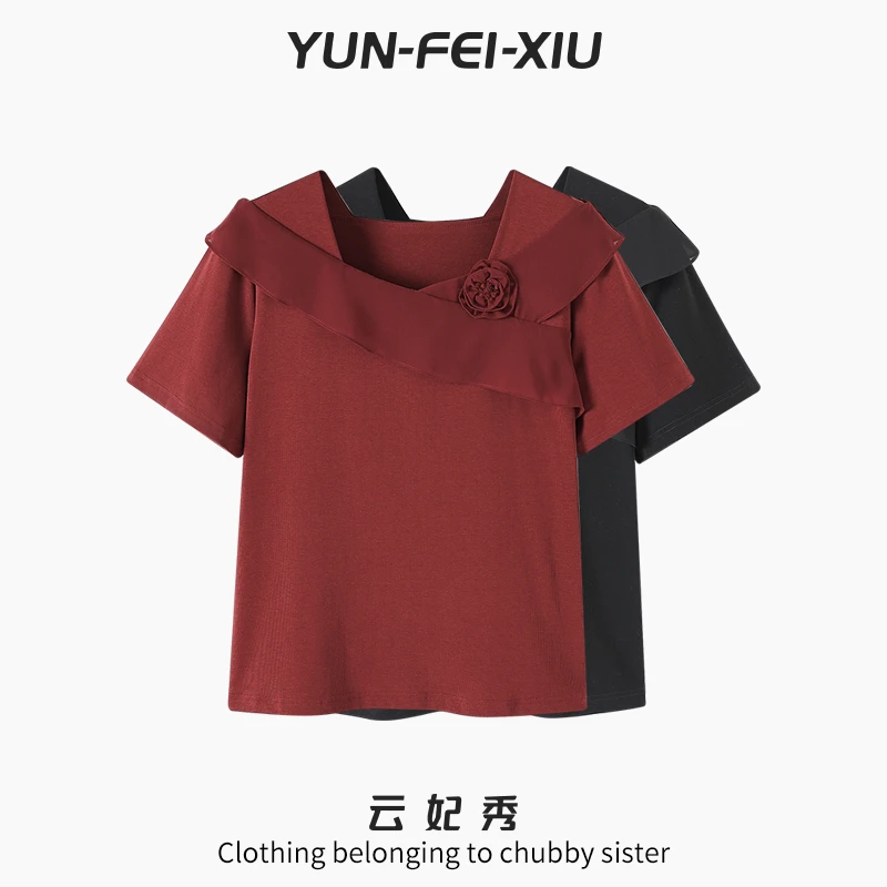 云妃秀大码女装T恤百搭休闲纯色拼接胖妹妹显瘦减龄上衣夏季8986