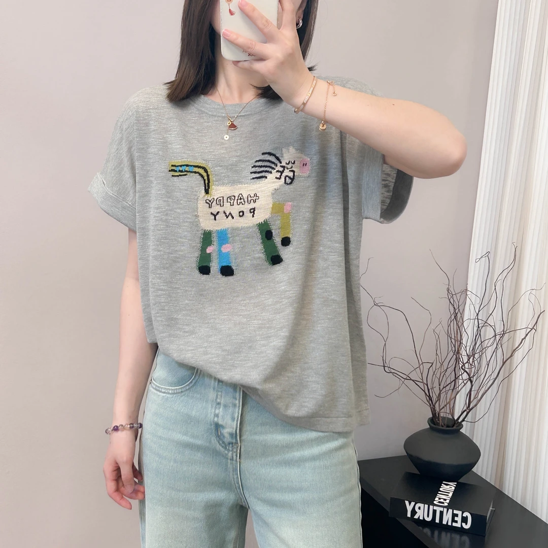 HAPPY小马提花圆领飞飞袖短袖上衣夏季新款宽松韩版飞飞袖T恤女士