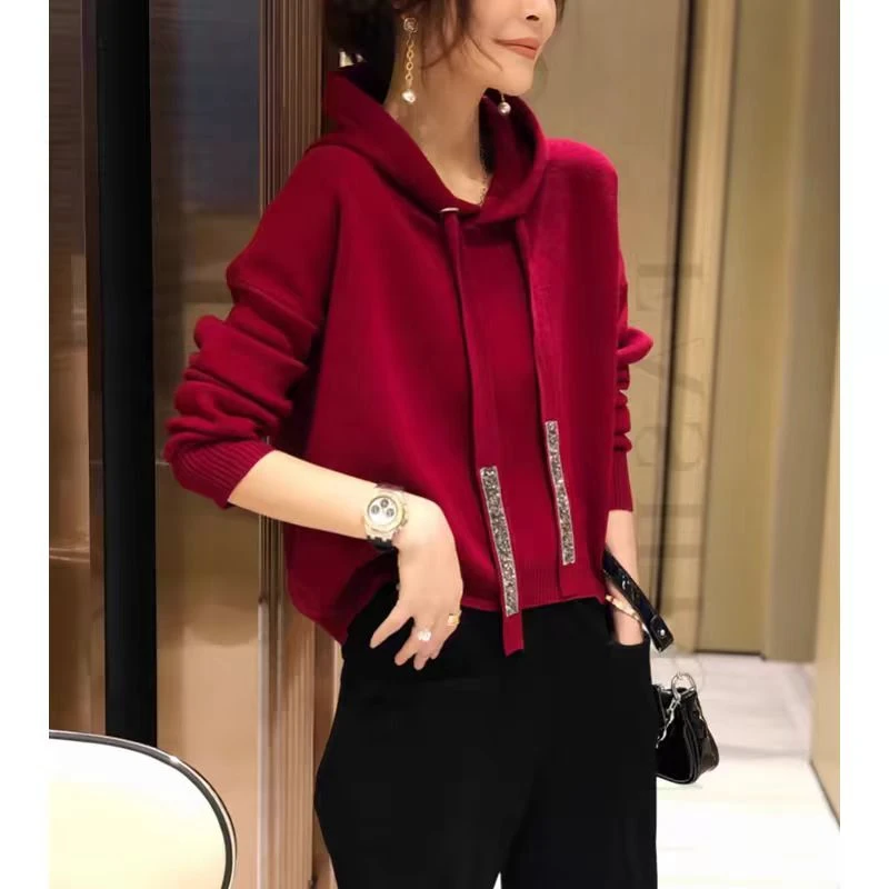 JY#连帽红可甜可盐轻熟风毛针织衫冬季慵懒风毛衣DY12104