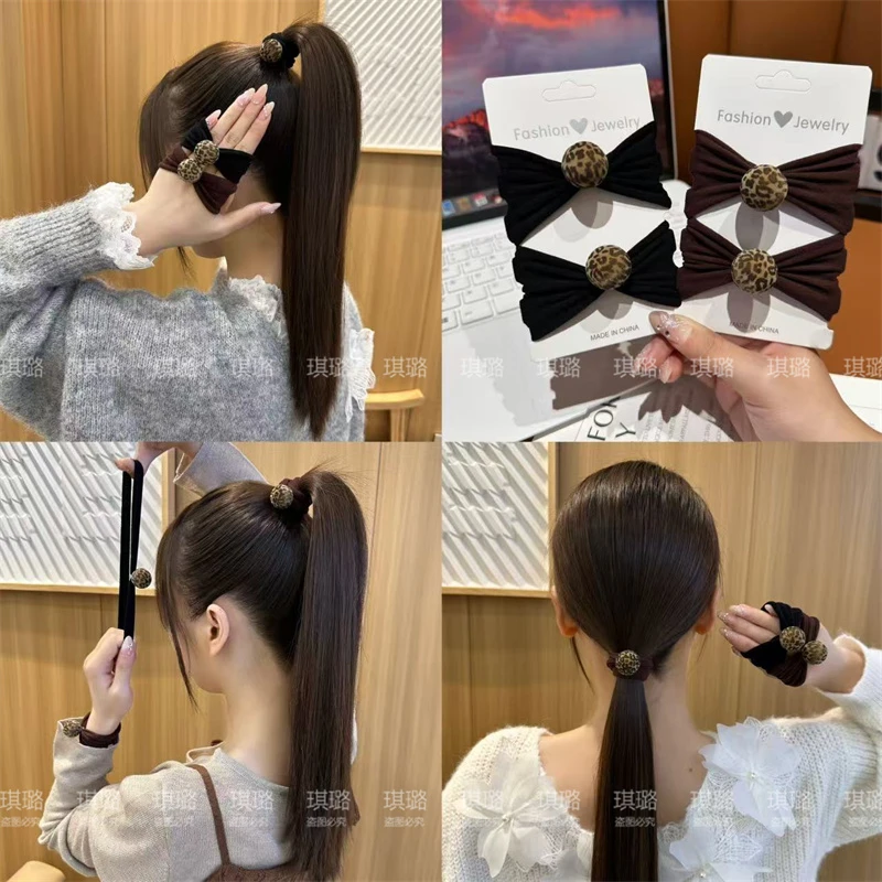 韩系豹纹圆球毛巾圈发绳女高级感复古扎发圈秋冬百搭马尾头绳皮筋