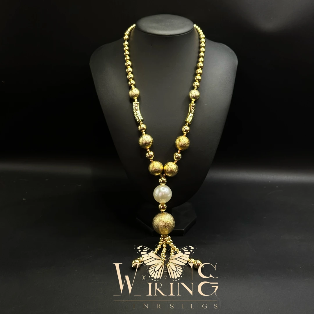 铜仿珍珠项链 王大嘴原创 “金珠流苏”秋冬气质锡面金珠毛衣链A265