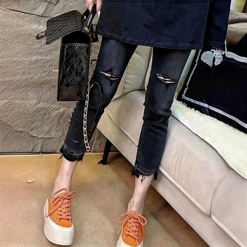 夏秋季薄款毛边破洞七分直筒牛仔裤女高腰显瘦弹力修身黑色烟管裤