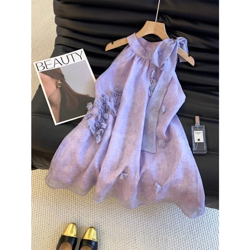 好听鸭紫色高级感立体花朵挂脖背心女夏季2025宽松遮肚法式雪纺上