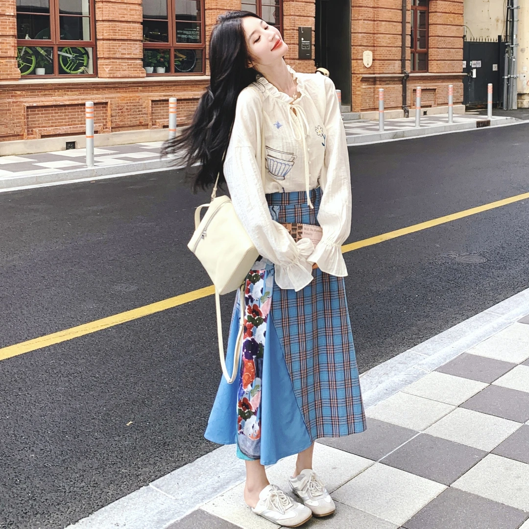 韩系早秋套装裙女2025新款木耳边印花衬衫格纹拼接半身裙两件套