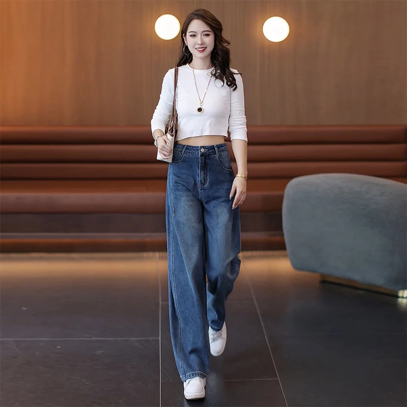 拉夏贝尔蓝色窄版阔腿牛仔裤女2025年秋季新款高腰垂感直筒弯刀裤
